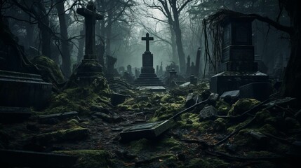 Tranquil cemetery composed of tombstones nestled within a dark wooded area. AI-generated.