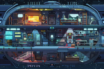A 2D retro rpg game style of a cross-section of a spaceship with various rooms
