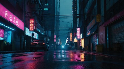 Car at the street of a dark futuristic cyberpunk city at rainy night. Dystopian megapolis with skyscrapers, wet asphalt and neon lights and reflections. - obrazy, fototapety, plakaty