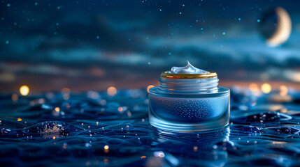 AI generated illustration of a luxurious night cream jar against a moonlit sky
