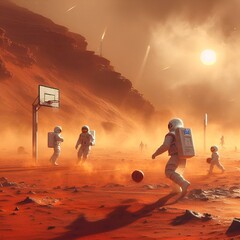 AI generated illustration of astronauts playing basketball on a red planet surface