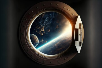 a space station window view looking out at the earth and the moon