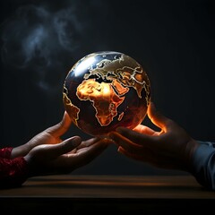 there are hands that are holding the globe on the table