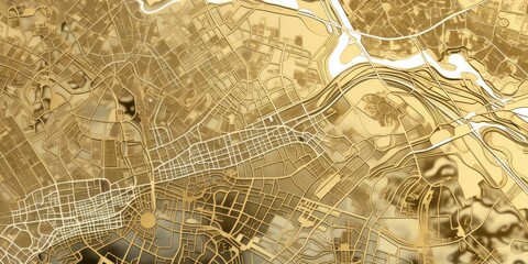 Gold and white pattern with a Gold background map lines sigths and pattern with topography sights in a city backdrop