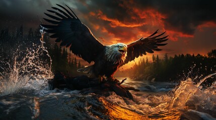 AI generated illustration of a majestic bald eagle soaring in the sky over a lake - obrazy, fototapety, plakaty