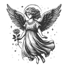 angel with wings, holding a rose, surrounded by stars sketch engraving generative ai fictional character raster illustration. Scratch board imitation. Black and white image. - obrazy, fototapety, plakaty
