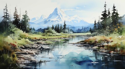 AI generated illustration of a watercolor painting of majestic mountains, and a tranquil river