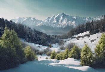 AI generated illustration of a mountain landscape on a sunny day of the season - obrazy, fototapety, plakaty