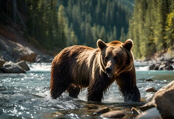 a bear that is walking in the water around rocks and trees