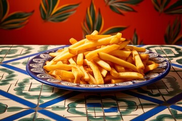 Tempting french fries on a palm leaf plate against a ceramic mosaic background