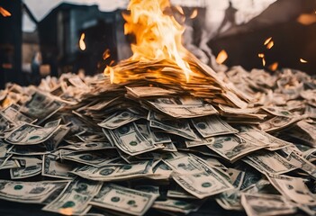 cash stacks on top of the pile with fire coming out - obrazy, fototapety, plakaty