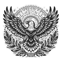 soaring eagle with spread wings, surrounded by ornamental leaves and sunburst design sketch engraving generative ai raster illustration. Scratch board imitation. Black and white image. - 779581832