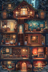 A 2D retro rpg game style of a cross-section of a house with various rooms - obrazy, fototapety, plakaty