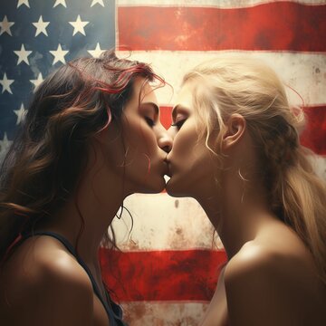 Two lesbians embracing in a passionate kiss in front of the American Flag. AI-generated.