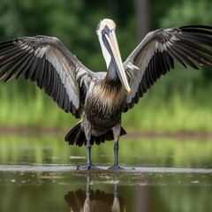 AI-generated illustration of an Eastern brown pelican standing with its wings outstretched