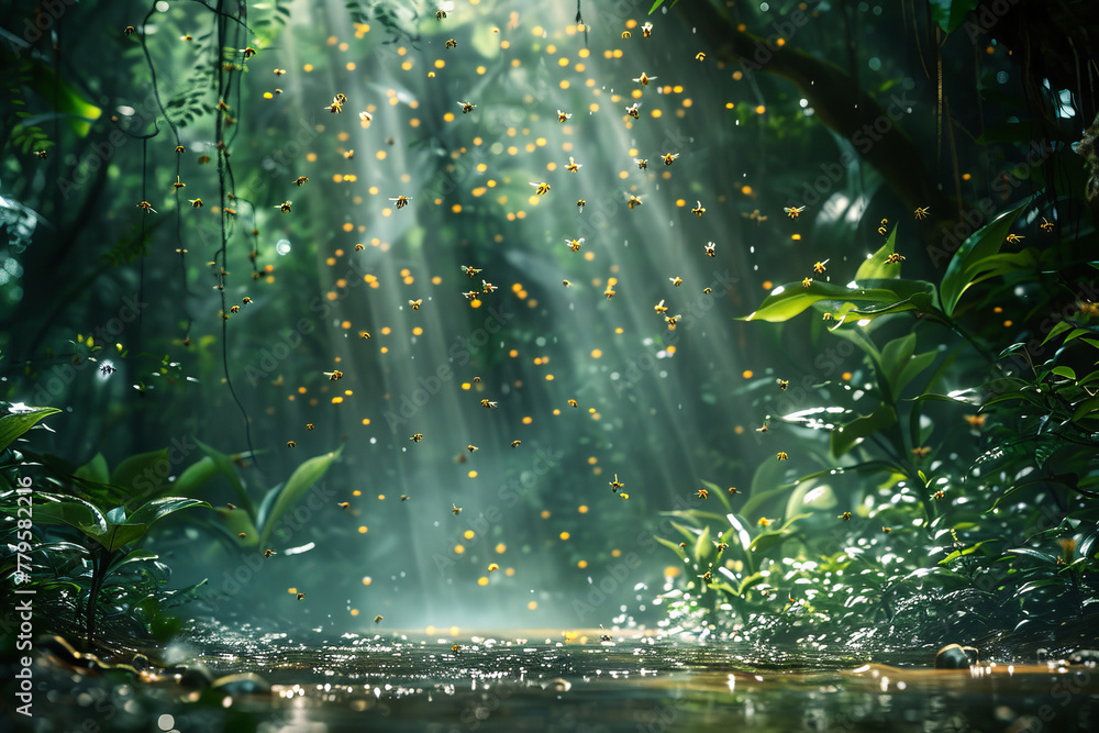 Poster bees that collect dreams instead of pollen, their hives hidden deep in the forest, buzzing with the