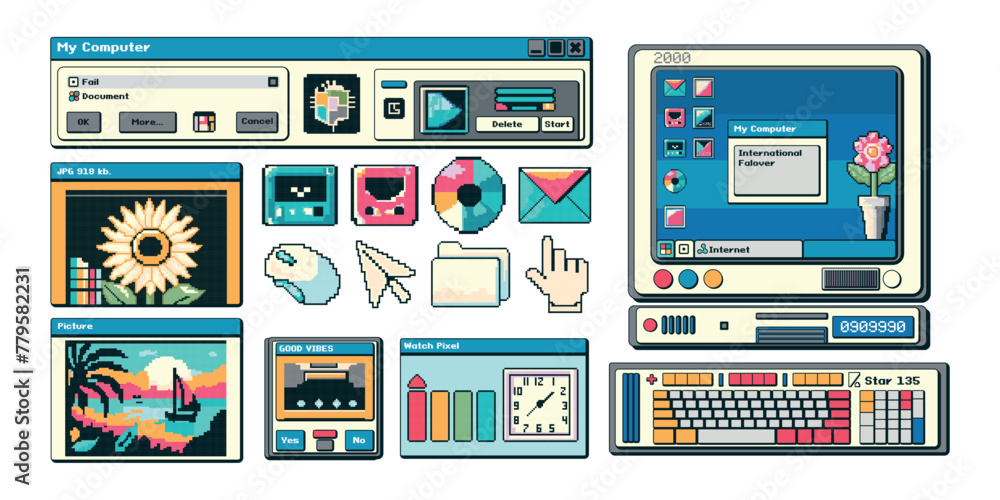 Fototapete trending elements of the computer interface in the pixel art style of the 1990s, 2000s. a dialog box