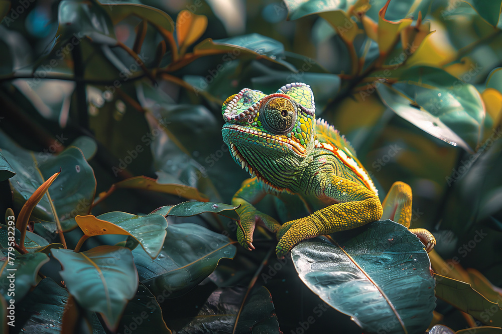 Poster A chameleon that changes not just its color but its form, blending into the forest as different anim
