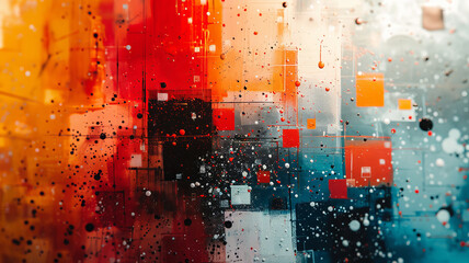 An image depicting the juxtaposition of chaotic splatters of paint and precise geometric shapes, sym