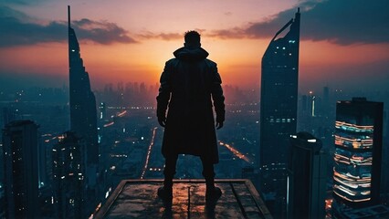 A silhouette of man standing on top of a skyscraper platform. Dystopian futuristic cityscape cyberpunk megapolis illustration. Scenic retrofuturism city sunrise horizon view. - obrazy, fototapety, plakaty
