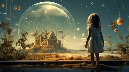 AI generated illustration of blonde girl standing on the background of a house in a bubble
