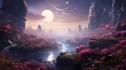 Foto op Plexiglas AI generated illustration of a surreal dreamscape featuring a lush landscape with pink flowers © Wirestock