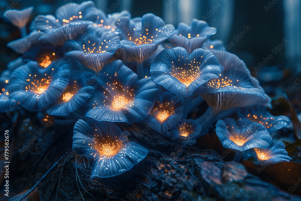 Poster Bioluminescent fungi that communicate with the stars, creating a map of the cosmos on the forest flo