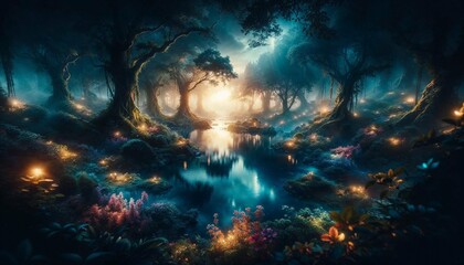 Obraz na płótnie Canvas Enchanted Forest Nightfall: Magical Glow and Reflective Waters - AI Generated Digital Art