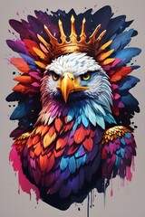 AI generated illustration of a bald eagle portrait in a golden crown on a vibrant background