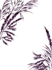 vertical frame with watercolor monochrome silhouette herbs, sketch of grass, abstract meadow plants, wild field illustration white background template for wedding decoration