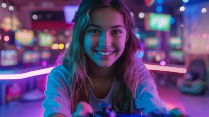 Front view portrait of happy caucasian girl gamer in gaming room