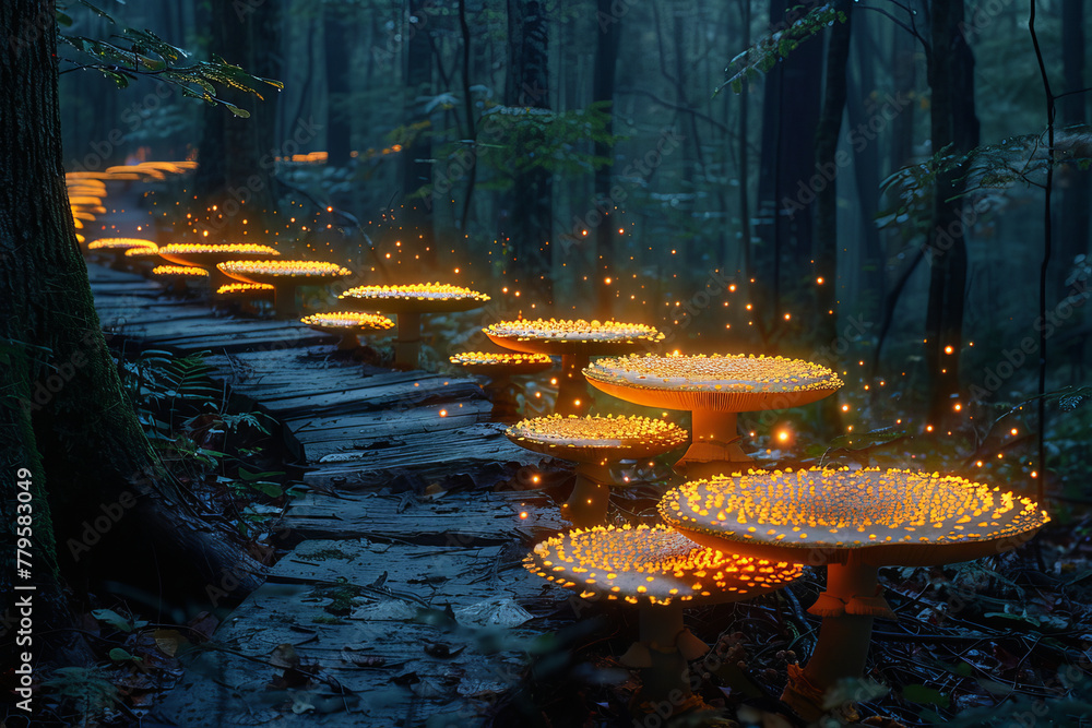 Poster Underbrush fungi that emit a soft, pulsating glow, marking safe paths through the dense forest at ni
