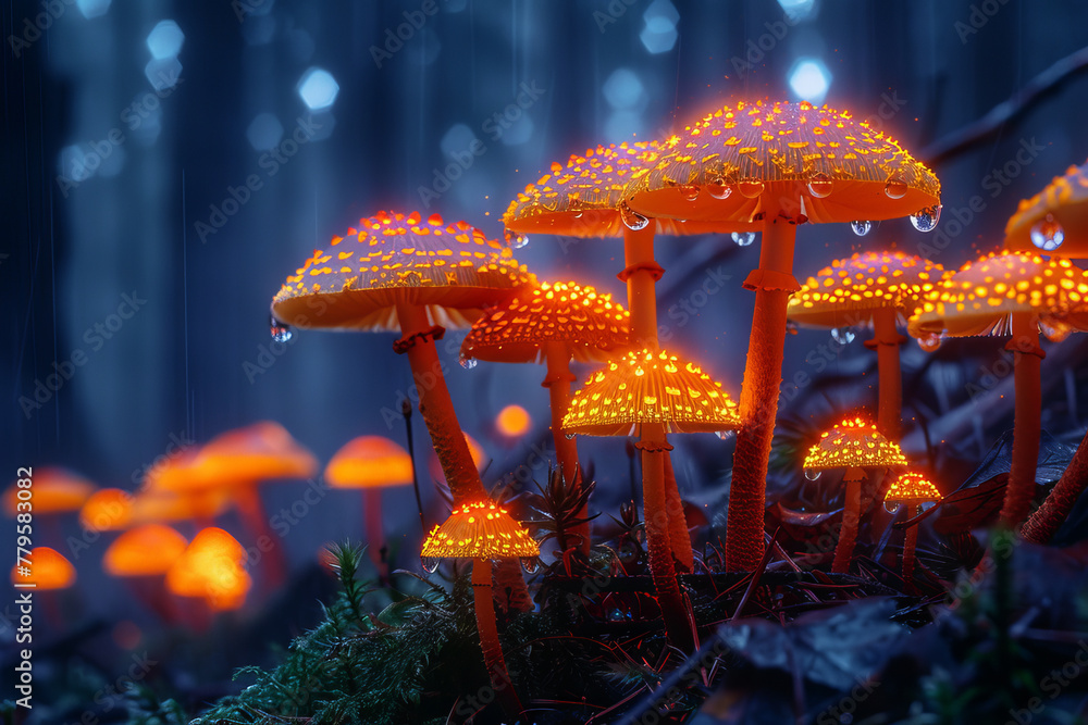 Poster Underbrush fungi that emit a soft, pulsating glow, marking safe paths through the dense forest at ni