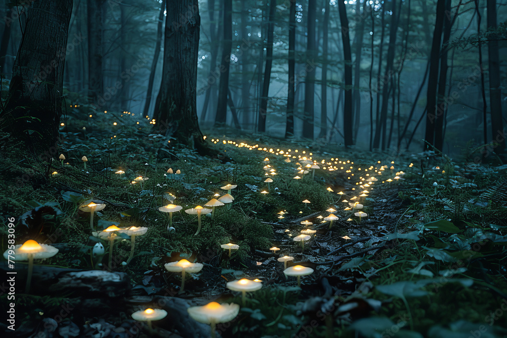 Aufkleber Underbrush fungi that emit a soft, pulsating glow, marking safe paths through the dense forest at ni