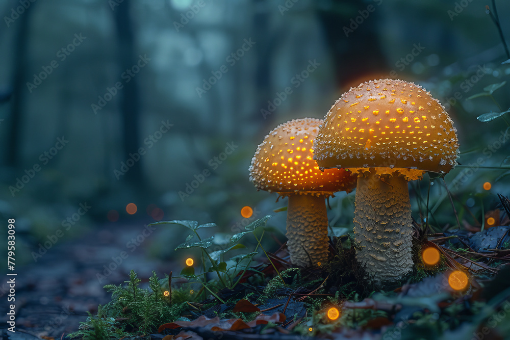 Poster Underbrush fungi that emit a soft, pulsating glow, marking safe paths through the dense forest at ni