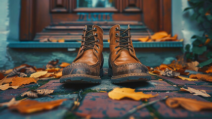AI generated illustration of brown leather boots surrounded by autumn leaves on a doorstep