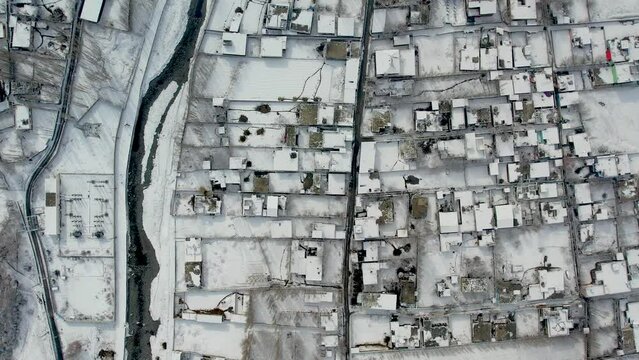 Drone shot of Skardu city in winter season of Pakistan.
