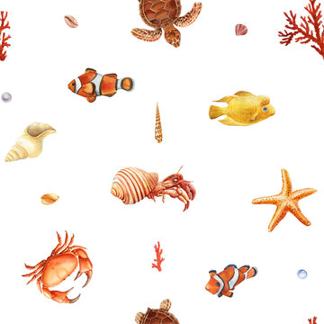 Watercolor seashell seamless pattern. Underwater creatures, crab, starfish, sea shell coral, nautical Design wallpaper