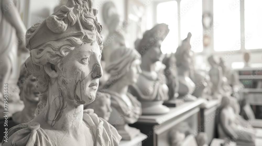 Wall mural collection of antique statues in the museum's storeroom