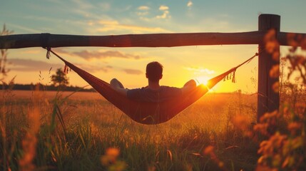 A man enjoys calm, lies in a hammock on the background of the ocean and sunset. - obrazy, fototapety, plakaty