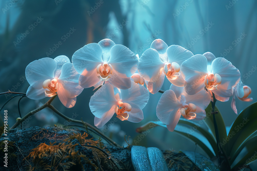 Poster Ghost orchids that glow with ethereal light, attracting spirits instead of insects for pollination.