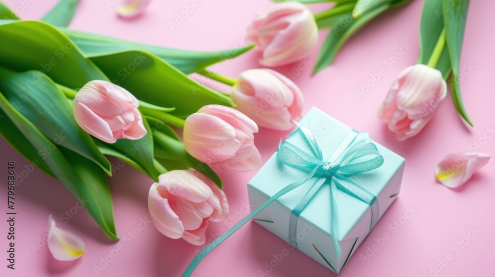 Wall mural Mother's Day decorations concept. Top view photo of trendy gift boxes with ribbon bows and tulips on isolated pastel pink background