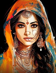 AI generated illustration of A stunning woman dressed in traditional clothing with jewelry