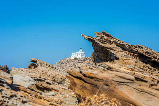 Korakas Lighthouse in Paros, Greece.