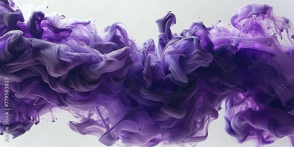 Poster abstract liquid ink swirls blend purple pigment, creating textured patterns in dynamic fluid motion