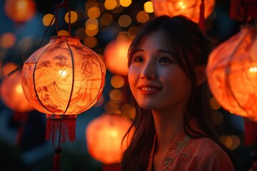A young woman in traditional Asian dress stands among the lanterns, embodying culture and beauty