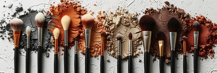 A professional display of colorful makeup products, including powders, brushes, and eyeshadows - obrazy, fototapety, plakaty
