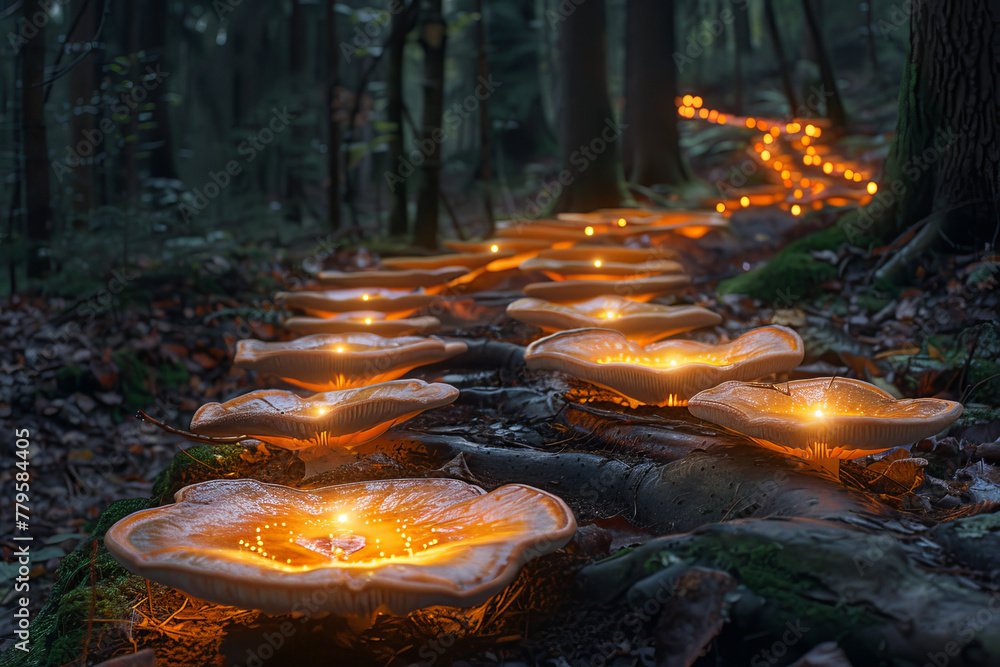 Poster phosphorescent mushrooms forming a glowing trail in an enchanted forest, each spore a tiny light orb