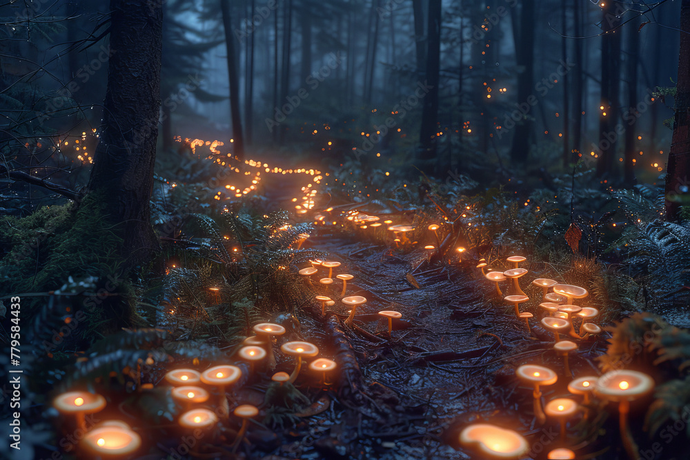 Poster phosphorescent mushrooms forming a glowing trail in an enchanted forest, each spore a tiny light orb