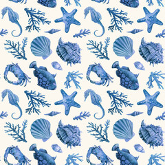 Blue seashell, crab, coral and fish. Marine illustration Seamless Pattern watercolor Design, wallpaper underwater, sea